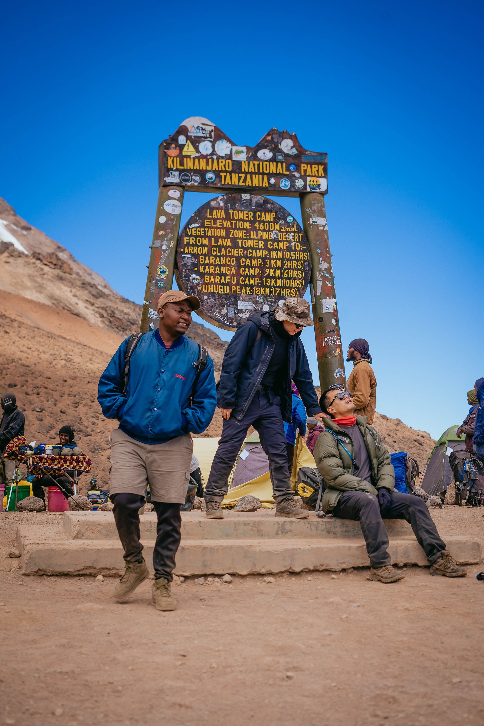 Climbers geared up near the summit of Mount Kilimanjaro
